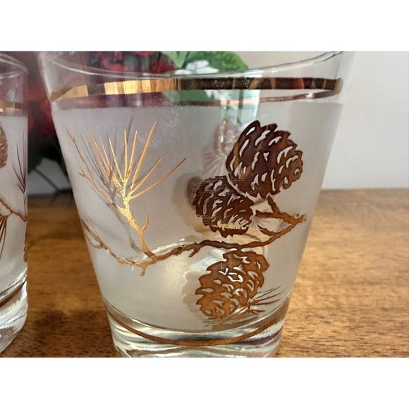 Vintage Libbey Gold Pinecone Frosted 5 oz Lowball Glasses Flared MCM Holiday Bar - Picture 3 of 6